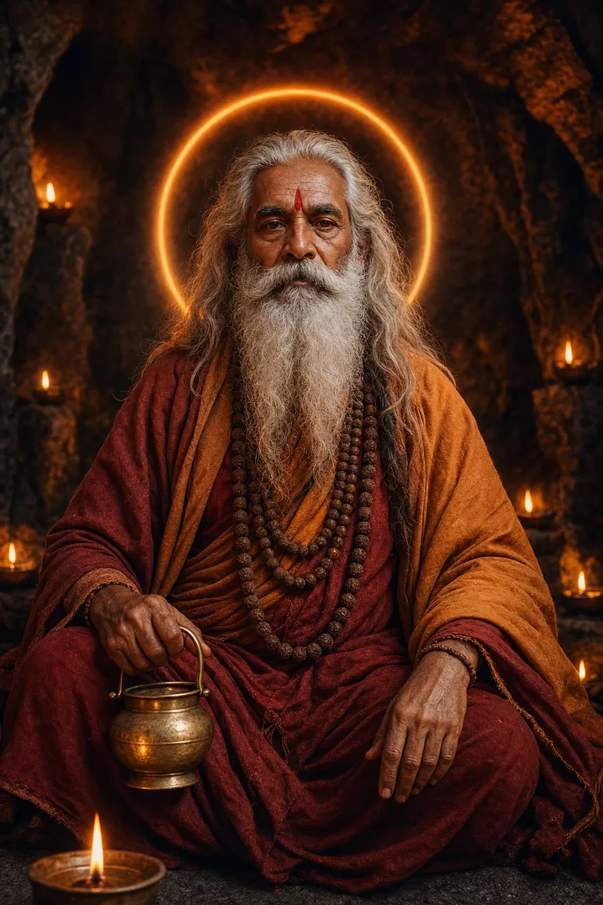 Master Vijay Ram in meditation, a glowing halo behind him