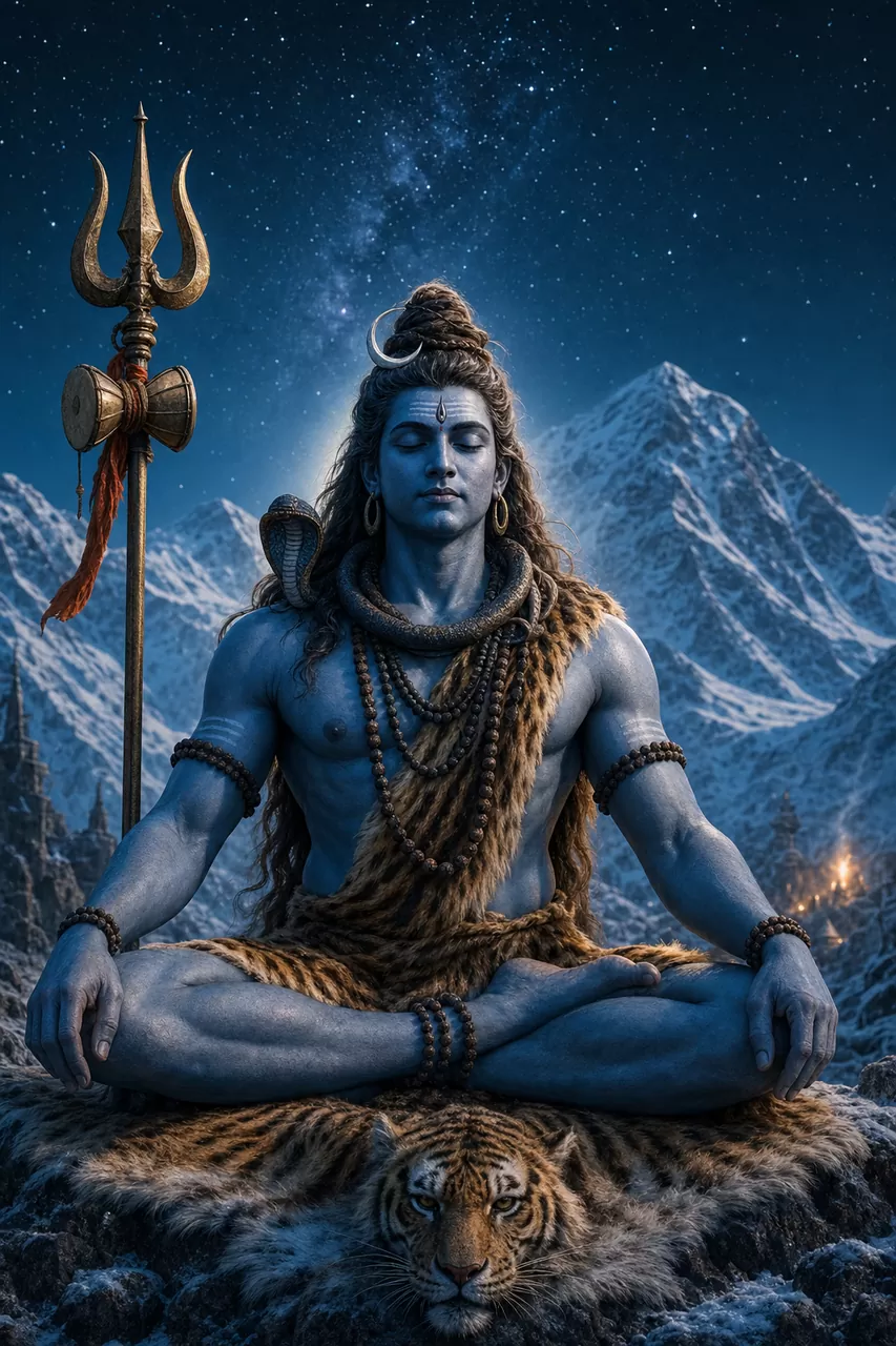 Lord Shiva in meditation in the Himalayas