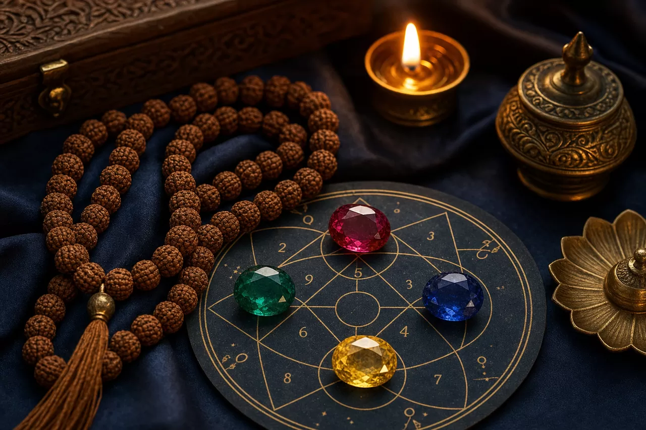 A spread of Vedic gemstones with a Rudraksha mala and a numerology chart