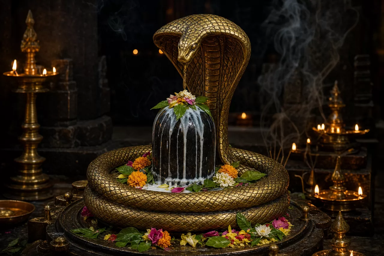 A sacred Naga idol with offerings