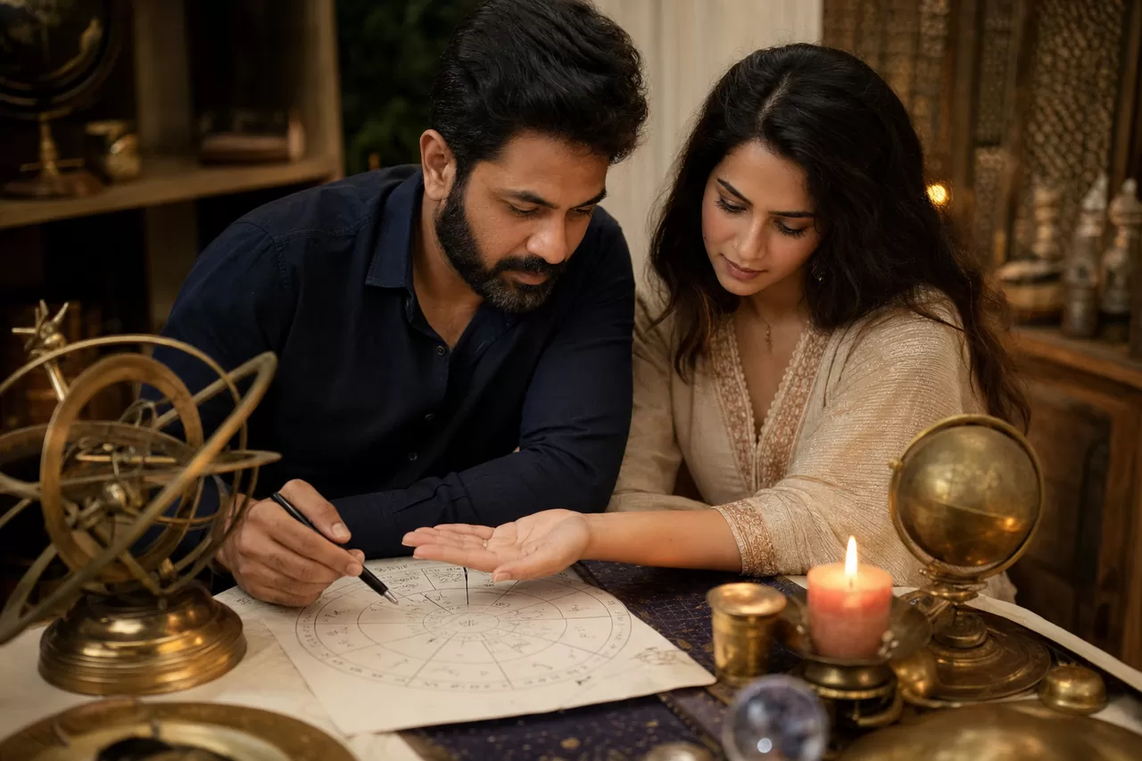 Two partners reviewing their horoscope match