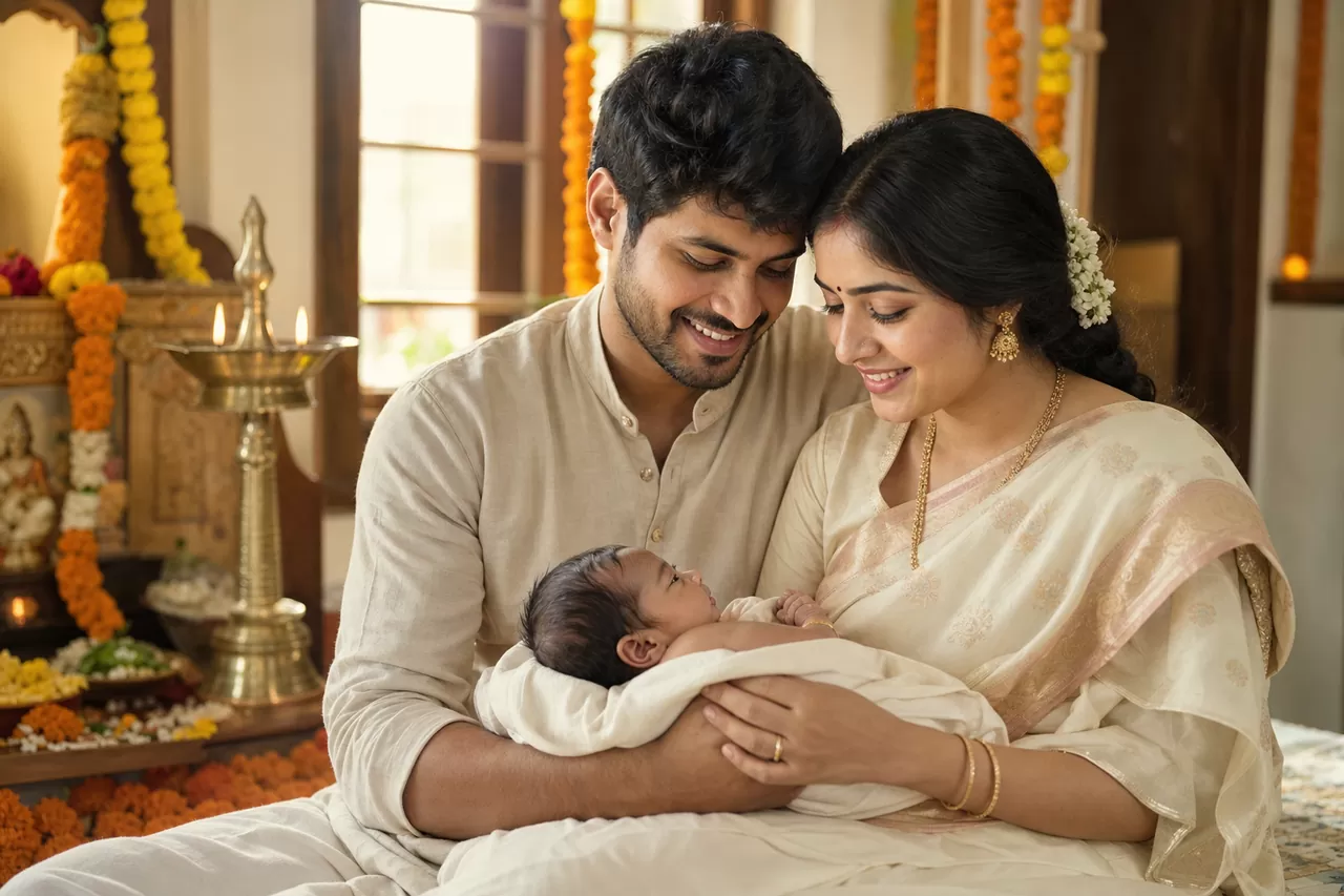 A couple cradling a newborn