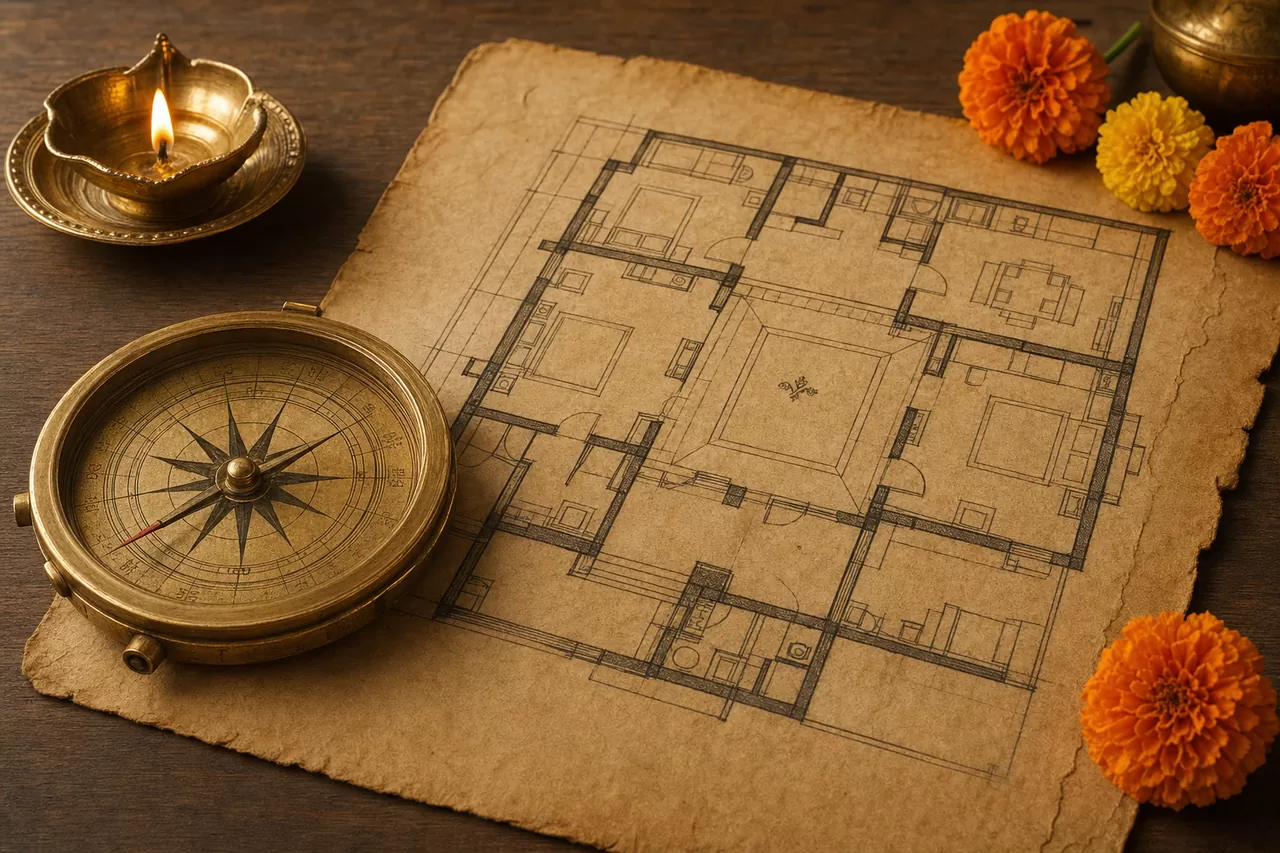 A brass Vastu compass and house plan
